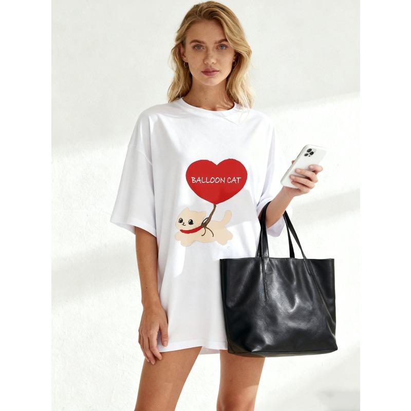 Oversize Women's Short-Sleeve T-Shirt with Cute "BALLOON CAT" Heart Balloon Cat Print