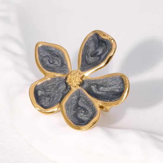Finger Ring Five-Petal Flower Shape Open Adjustable Fit Women Ring Handcrafted Drip Glaze Enamel Metal Outline Middle Finger Band