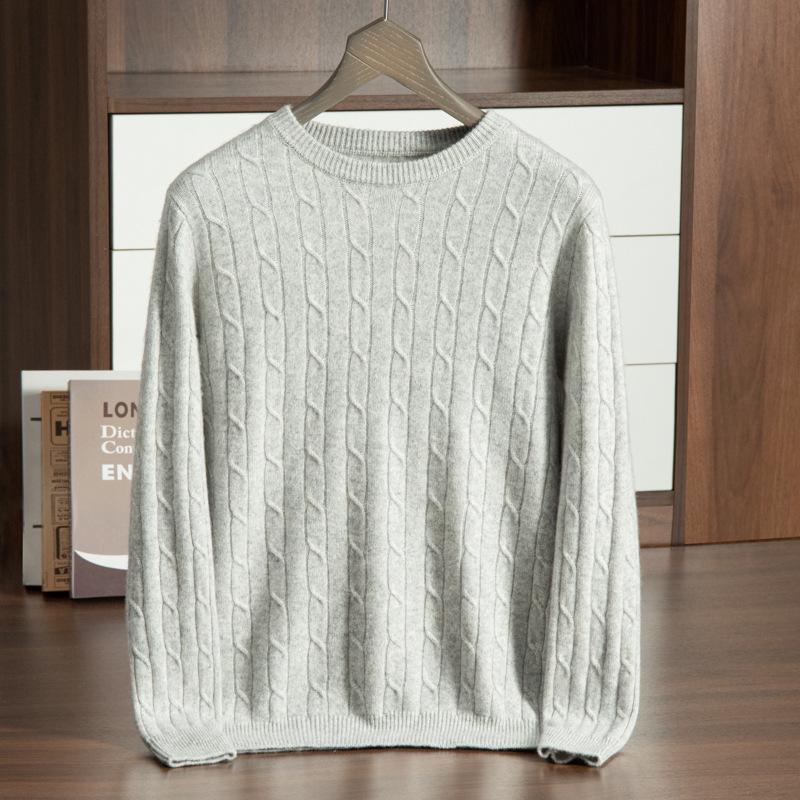 Men's Cashmere Crew Neck Sweater - Thick Cable Knit, Business Casual Loose Fit.