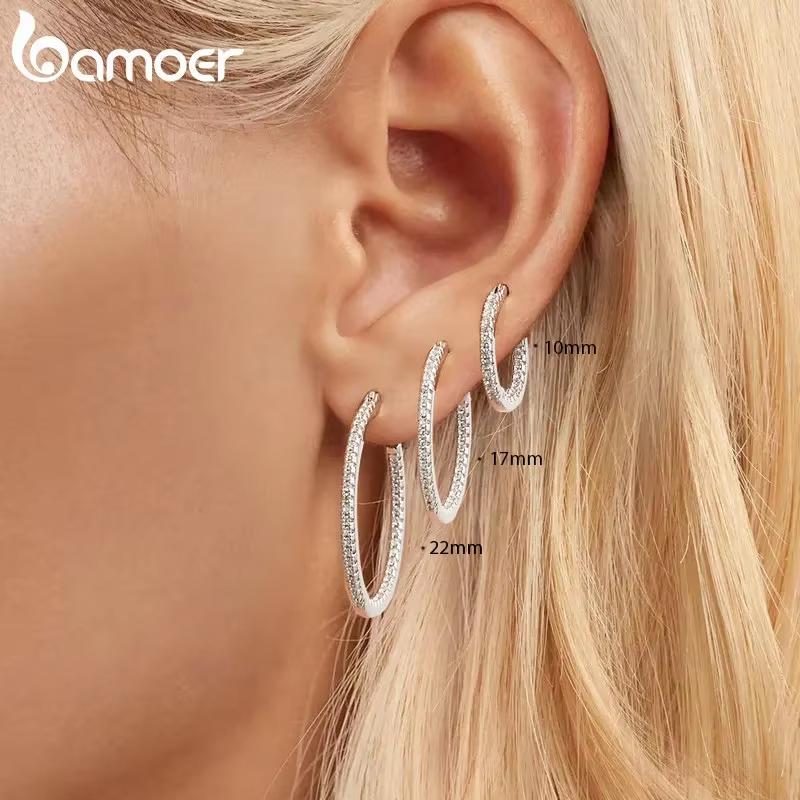 BAMOER 925 Silver Cubic Zirconia Hoop Earrings, White Gold Plated Lightweight Hypoallergenic Hoop Earrings for Women