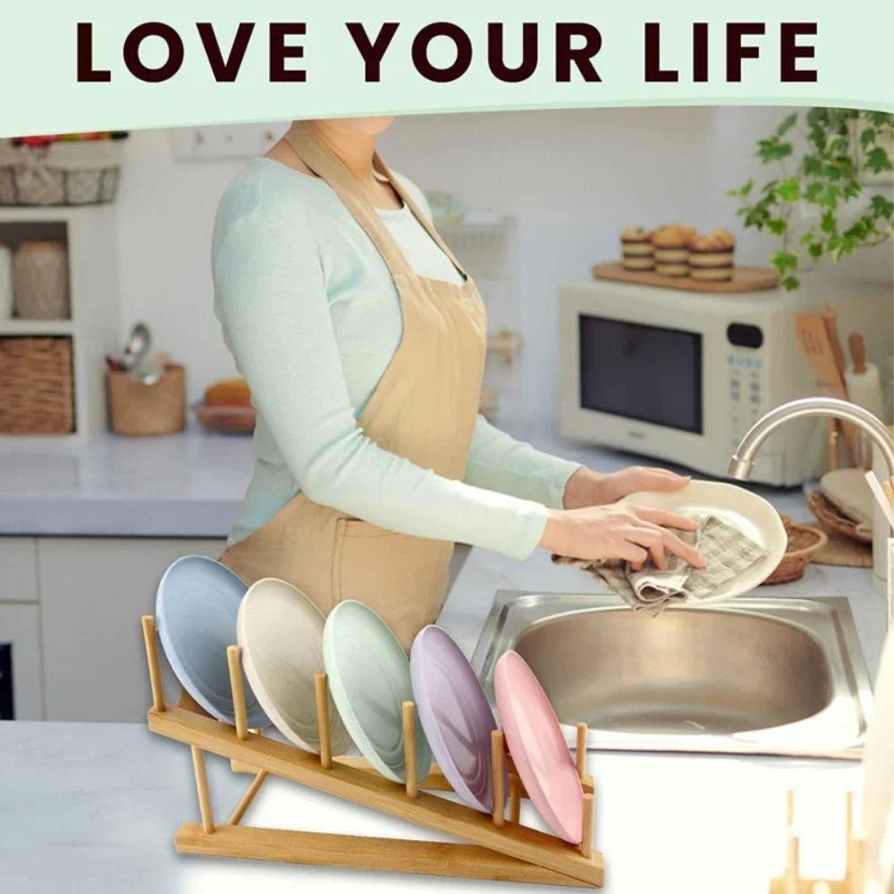 Drying Pot Lid Holder 5 Layers Dish Drain Rack Bamboo Dish Rack  for Plate/ Bowl/ Cup