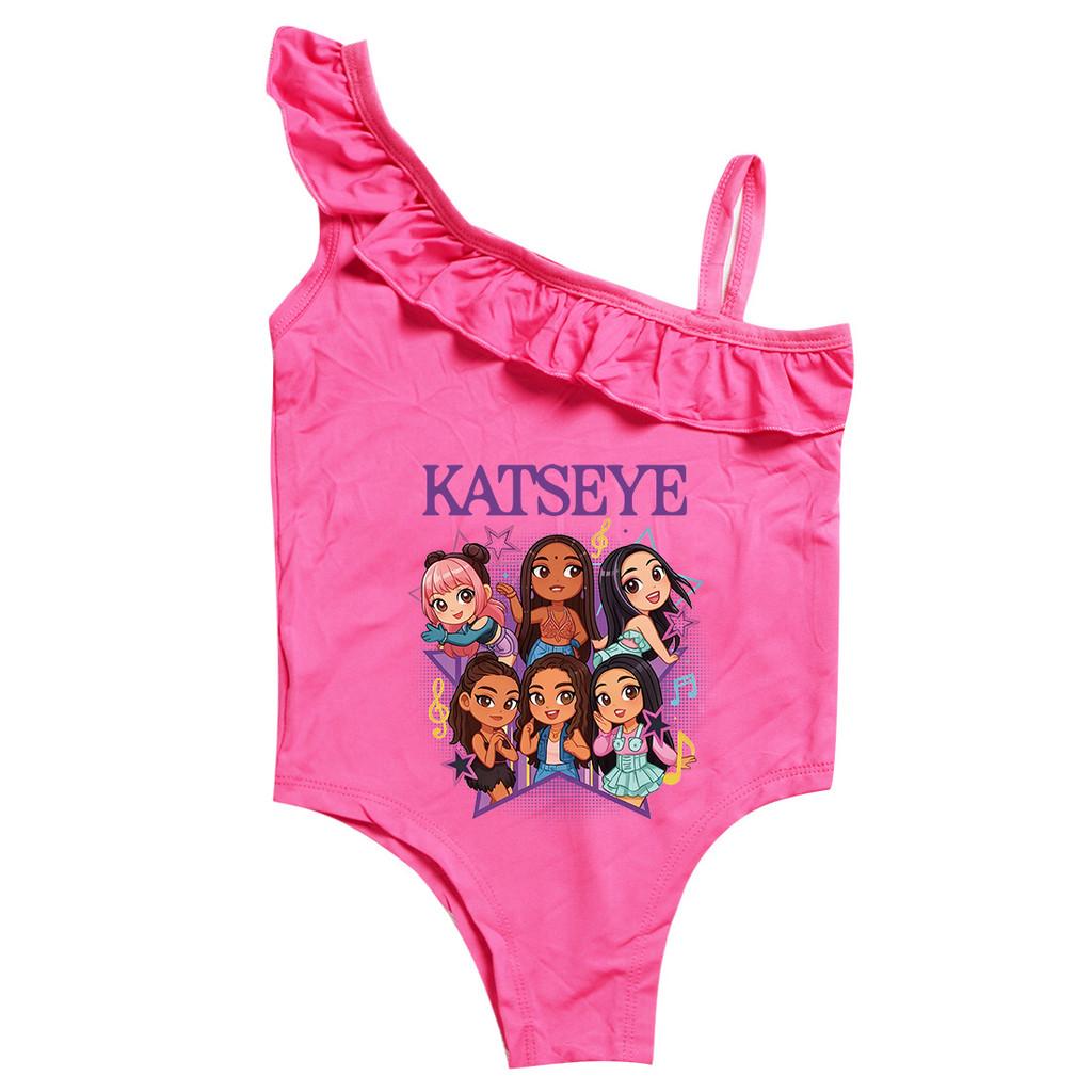 

9197 Children Girls Katseye Print Ruffle Swimsuit One-piece Bodysuit Swimwear 110cm рожевий червоний колір