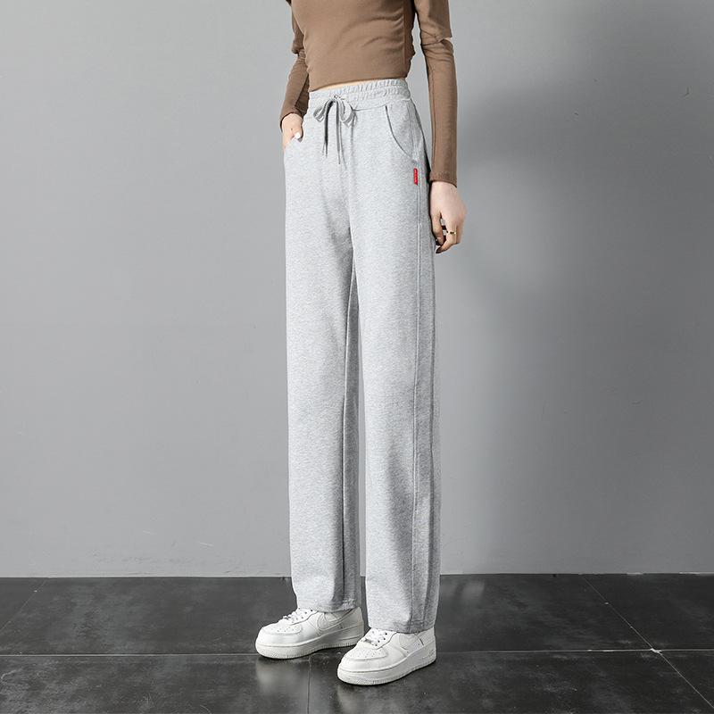 Women's Cotton Drawstring Straight Leg Sweatpants Casual Draped Wide Leg Trousers For Spring Summer