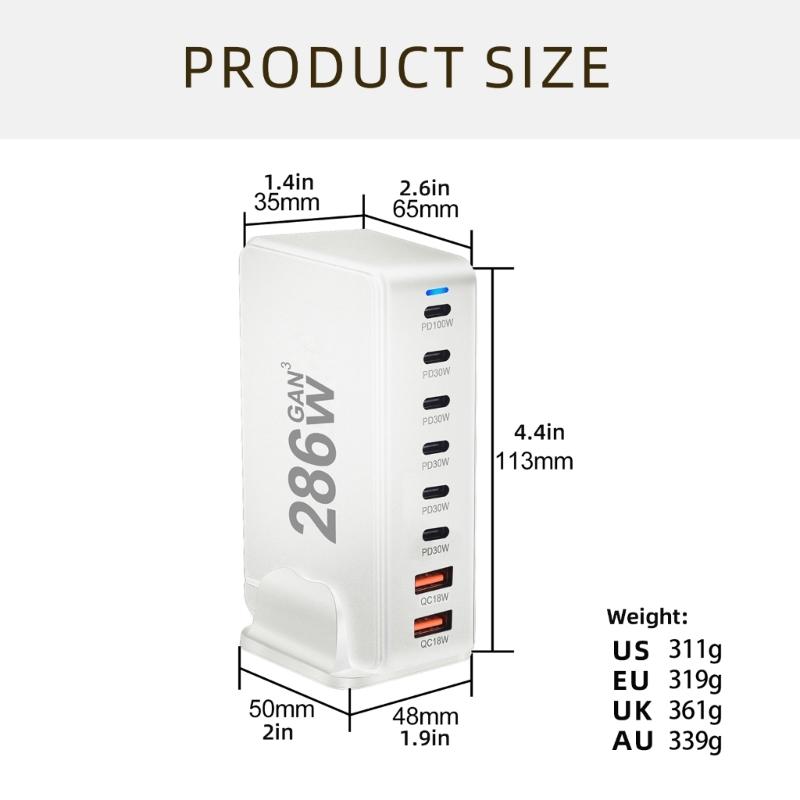 Multiports Charging Station with 286W Output, 6 USB C and 2 USB Slot Desktop Charging Holder Stand for Tablet Phones