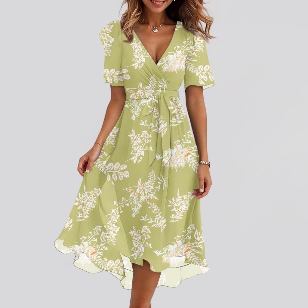 Women's Fashion Casual V Neck Short Sleeve Ruffled Vintage Printed Dresses