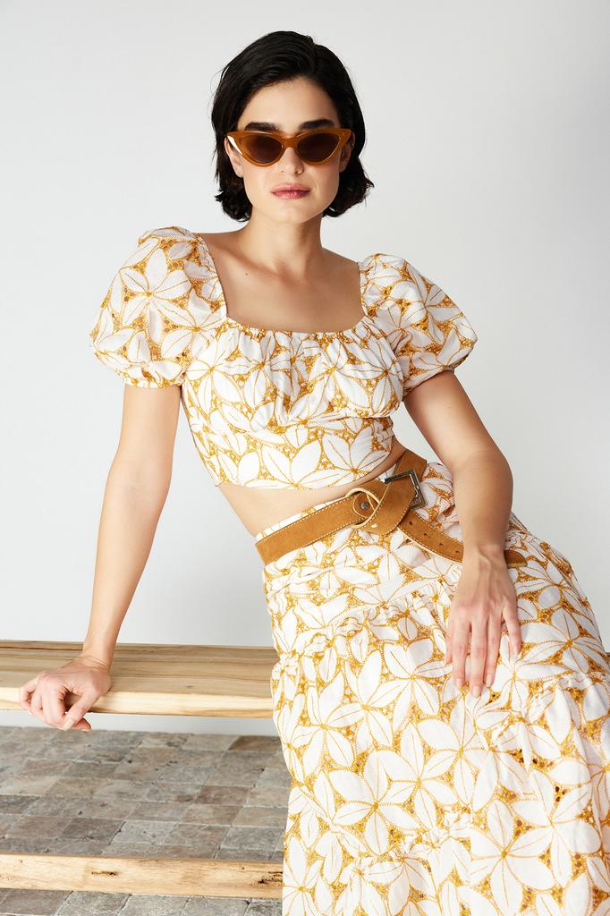 Women's Fashion Blouse Square Neck Short Indigo Embroidery Balloon Sleeve Woven Blouse