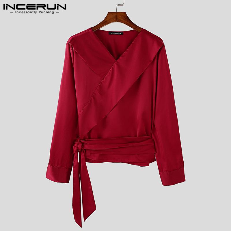INCERUN Men Long Sleeve Bandage V Neck Front Cross Layer Shirts Tops