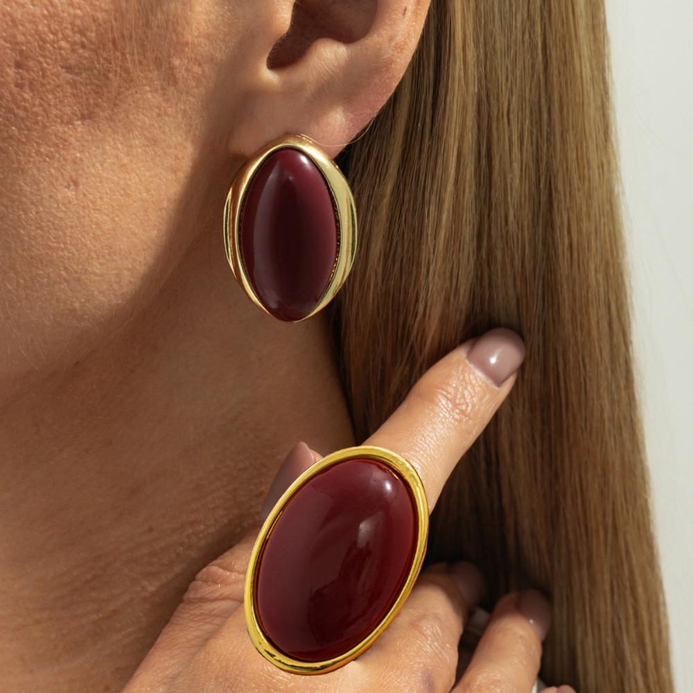 Retro Exaggerated Geometric Oval Red Imitation Gemstone Resin Earrings Rings Set for Women Fashion Party Jewelry Sets Accessory
