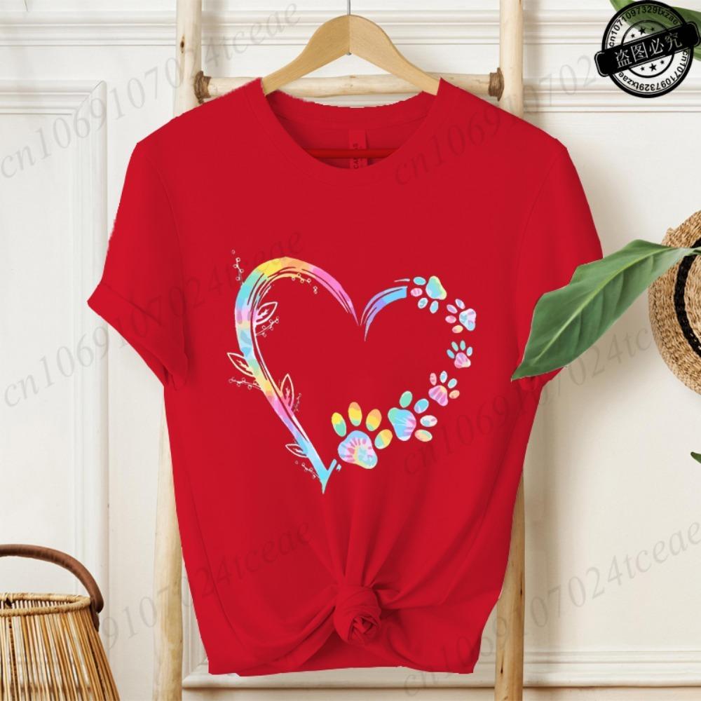 Heart Dog Paw Print Women's T-shirt, Graphic T-shirt, Short-sleeved T-shirt, Summer Fashion, Casual Street Fashion Top