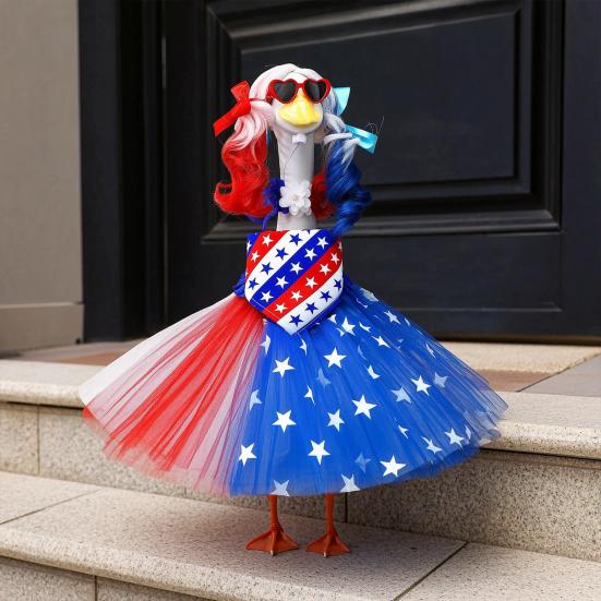 Patriotic Porch Goose Outfits 4th of July Lawn Goose Clothes with Tutu Skirt Wig Bandana Necktie for 23" Goose Independence Memorial Day Garden Patio