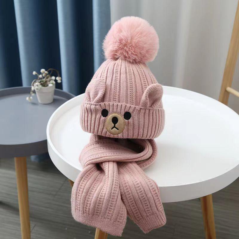 Autumn and winter children's hat boy bear wool hat girl knitted cotton warm baby hat scarf two-piece set