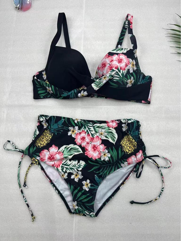 Europäischer Plus-Size Blumen-Bikini mit Schlitz und Kordelzug
