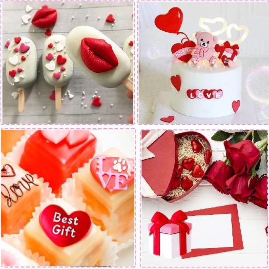 6 Pcs Valentine's Day Fondant Molds Wedding Fondant Cake Molds Bear Heart Love Lips Gift Shape Candy Silicone Molds Chocolate Mould for Cake Topper