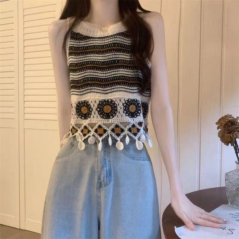 Hollow Flower Embroidery Knitted Crochet Camisole Summer Women's Retro Ethnic Design Tassel Short Top
