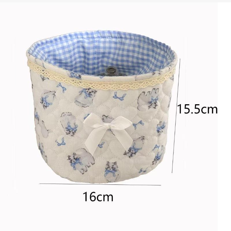 Cute Love Heart Storage Box Quilting Cotton Bow Desktop Storage Basket Large-Capacity Round Storage Frame Home Decoration