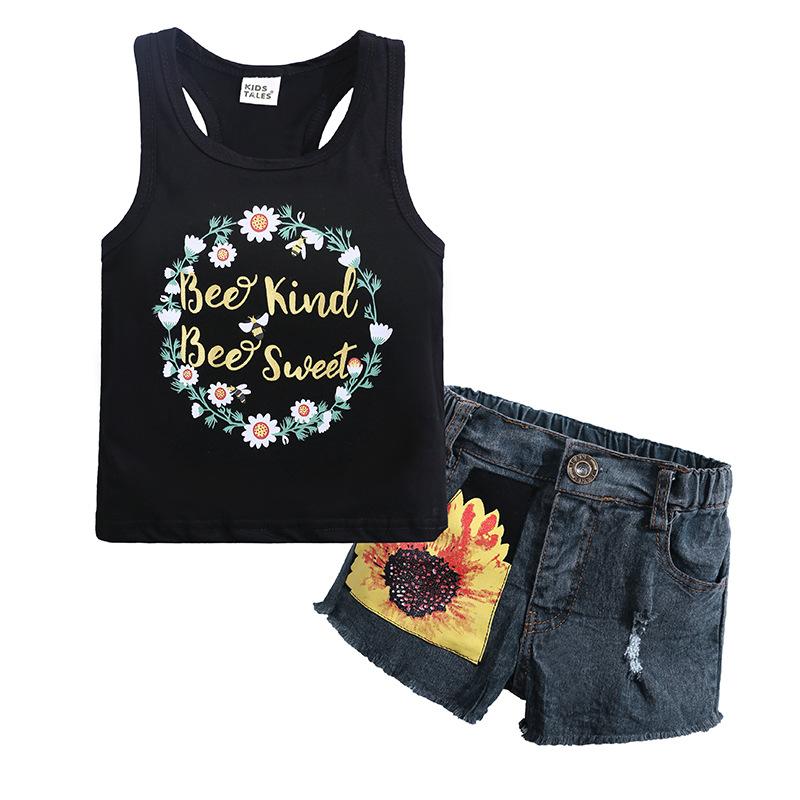Girls Summer Letter Print Tank Top with Sunflower Denim Shorts Set 90