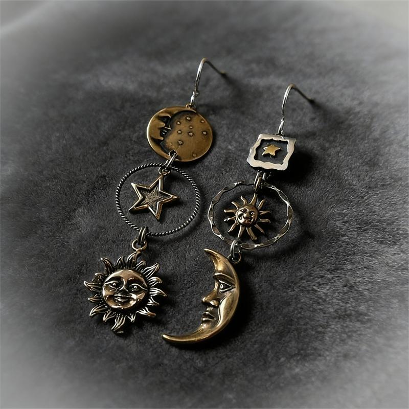 Boucles d'oreilles pendantes vintage Free People Visage Soleil Lune pour femmes, design créatif, boucles d'oreilles asymétriques, bijoux de fête rétro