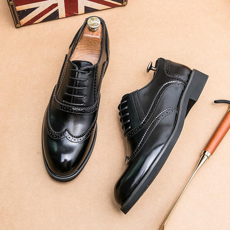 Leather Shoes British Retro Brock Carved Business Dress Casual Inner Height Increase Pointed Breathable Groom Wedding Shoes