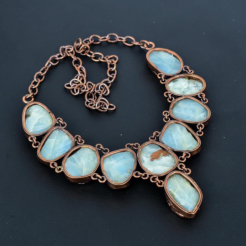 Larimar Handmade Gemstone Necklace, Copper Electroformed Necklace Antique Jewelry, Adjustable Necklace Engagement Gift