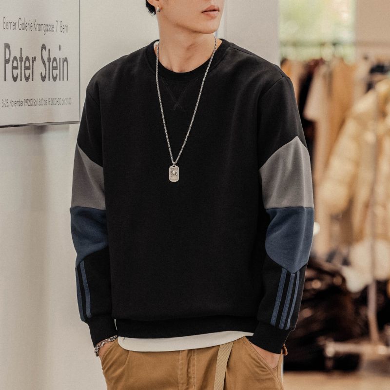 Men O-Neck Autumn New Patchwork Long Sleeve American Style Chic Big Size Loose Casual Moto Biker Panelled High Street Hoodie