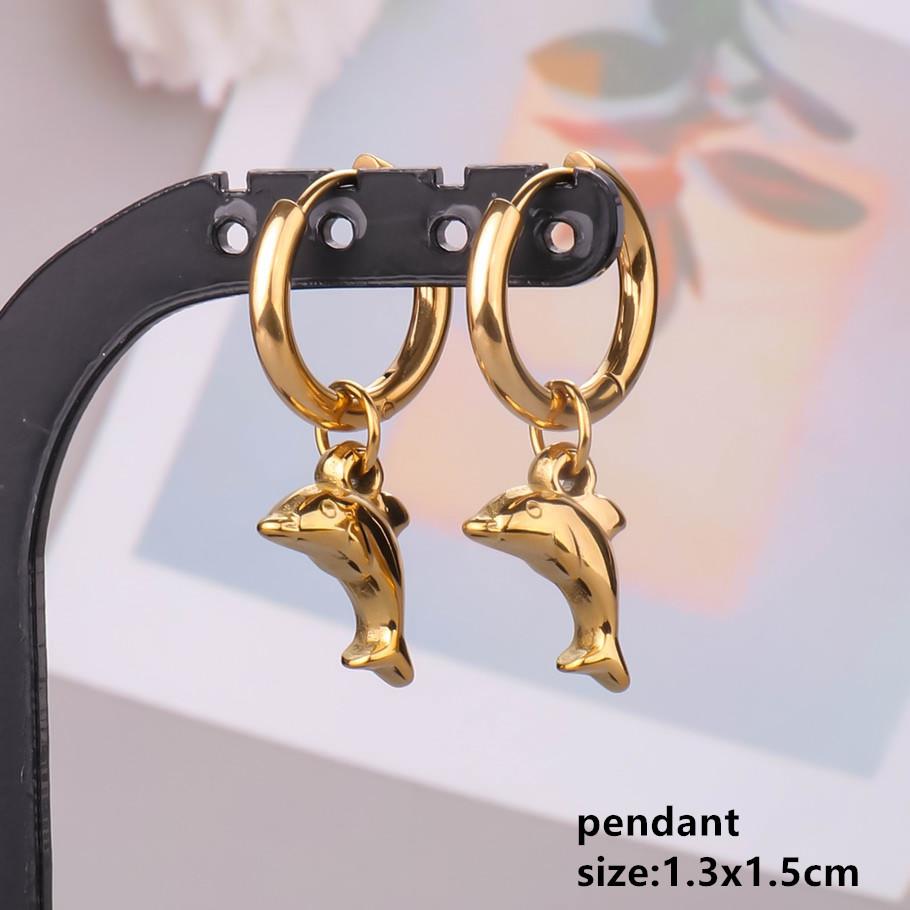 Gold Color Animal Pendant Earring Cute Sea Turtle Fish Tail Crab Stainless Steel Hoop Earrings for Women Men Accessories Jewelry