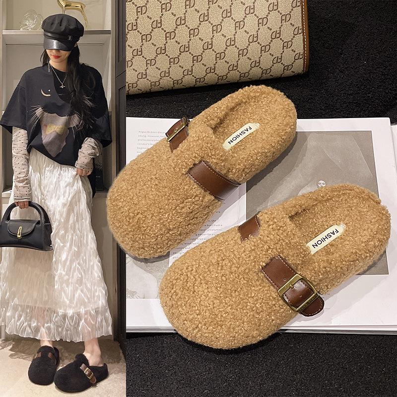 Mao Mao Slippers Women's Outer Wear 2025 Autumn and Winter New Korean Version One-pedal Flat-bottomed Lazy Bag Head Cotton Slippers