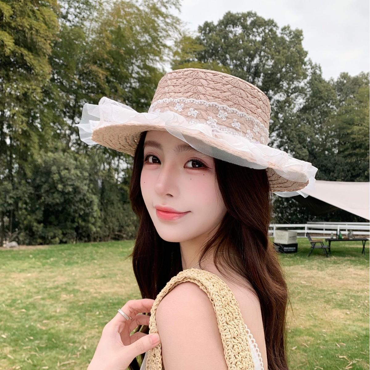French Fashion Lace Flat Top Straw Hat Women S Summer Outdoor Travel Sun Hat Sunshade Sun Protection Hat Adjustable розовый