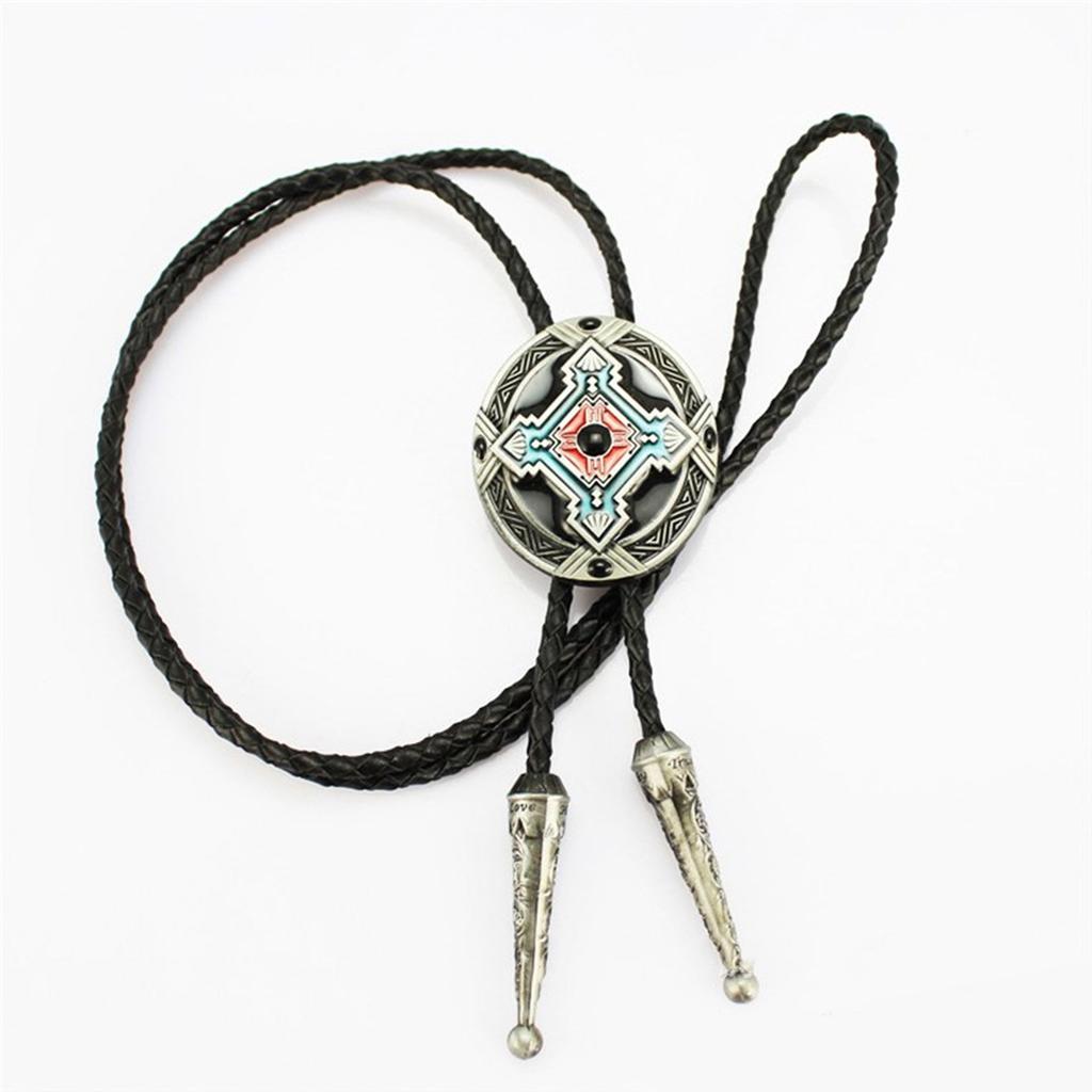 Braided Shoestring Bolo Tie with Engraving Totem Charm Cowboy Necktie Necklace Country Style Bolo Tie Cowboy