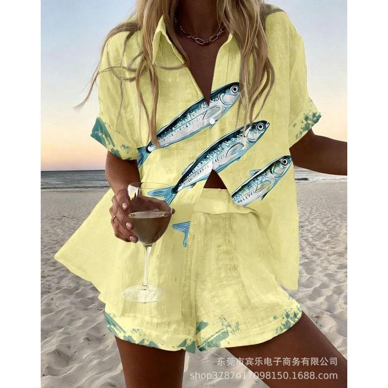 Conjunto de pantalones cortos de playa y camisa de manga corta para mujer, multicolor, vida marina, ocio, vacaciones, conjunto de dos piezas