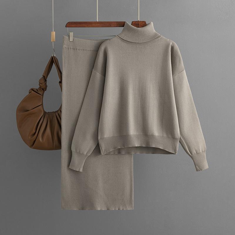 Knitted suit women's new autumn and winter new solid color turtleneck sweater half-body hip skirt two-piece set