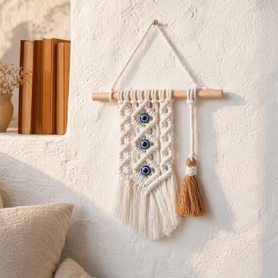 Bohemian Wall Tapestry, Blue Evil Eye Braided Tapestry, Knotted Cotton Rope Tapestry for Home Nursery Bedroom Living Room Wall Decor
