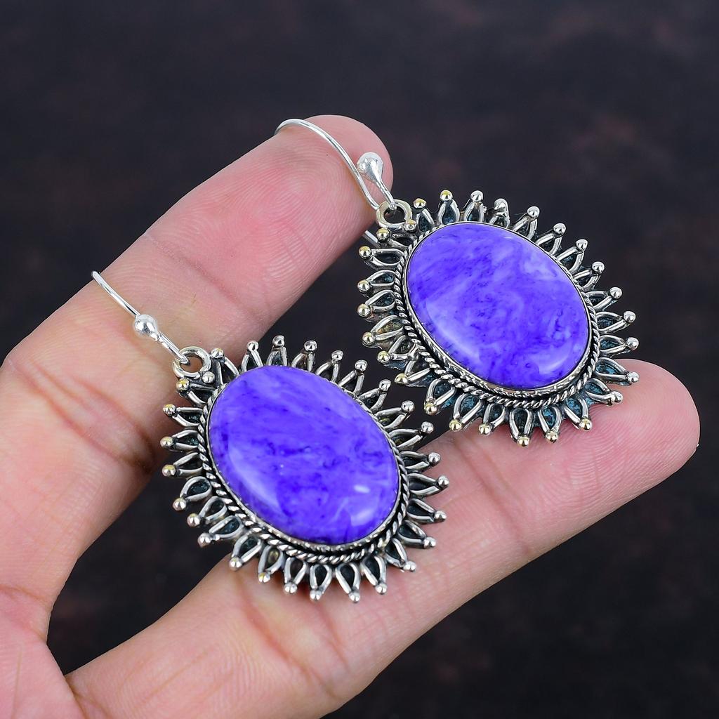 Charoite Gemstone Earrings Handmade Jewelry 925 Sterling Silver Earring Original Charoite Jewelry Awesome Dangle Earring Anniversary Gifts