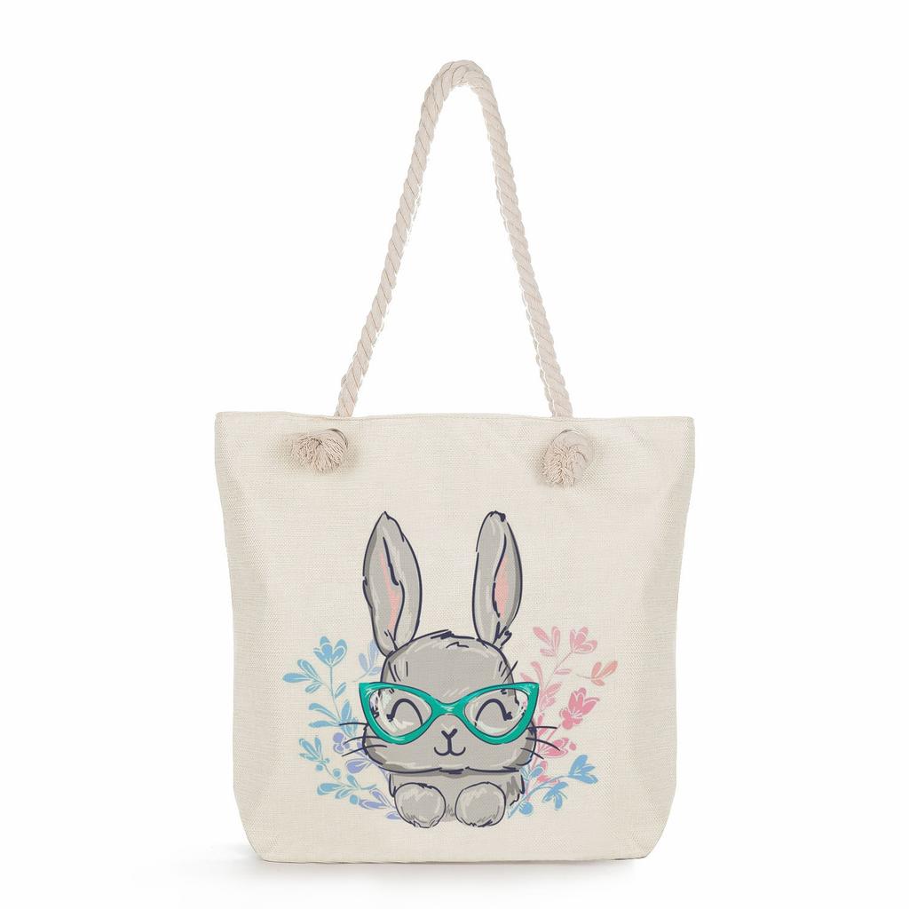 Sac de plage à bandoulière unique en corde épaisse avec imprimé lapin créatif 7247 CLE