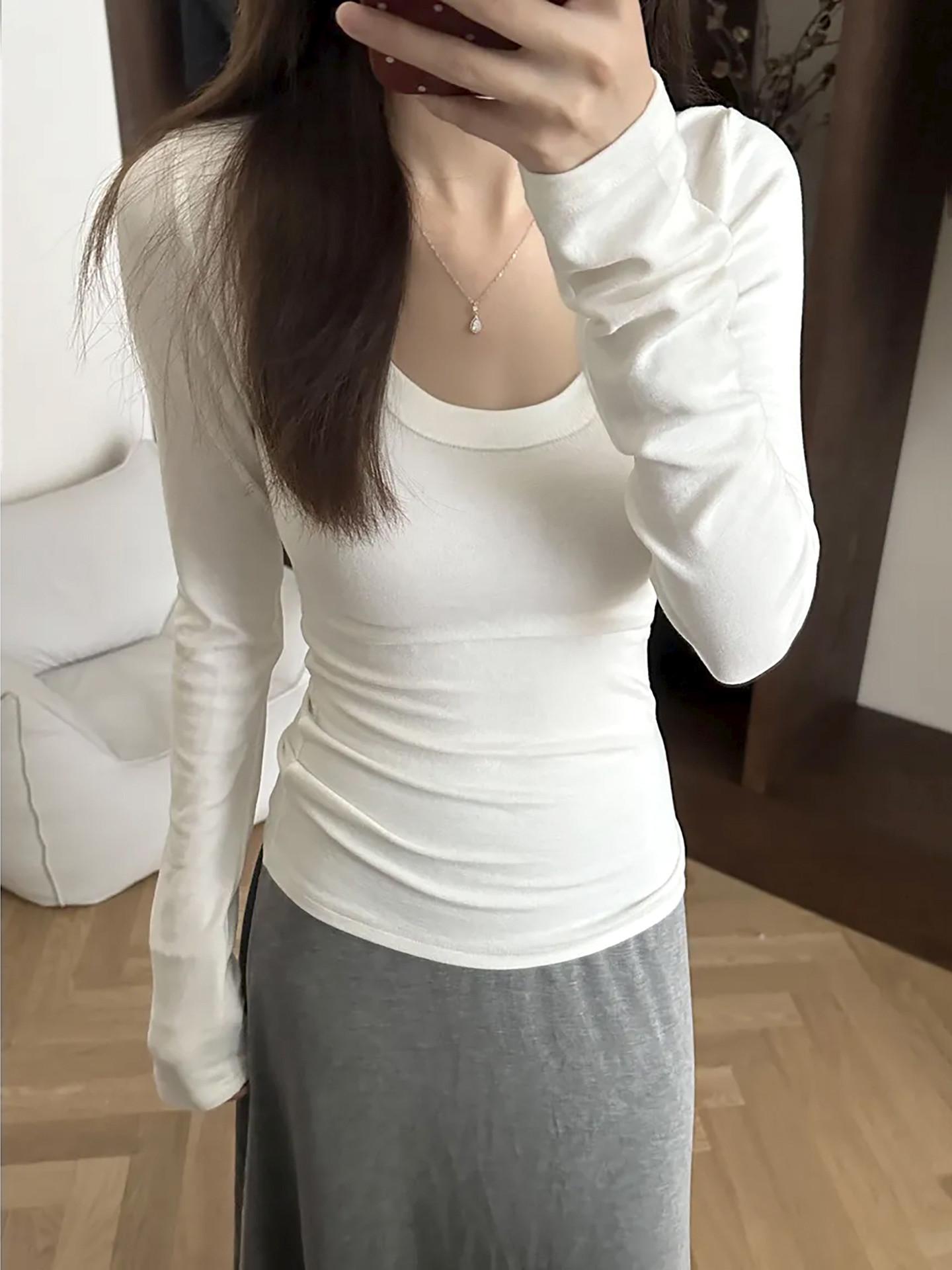 

Spicy Girl Slim-Fit U-Neck Base Layer Top, Women s Spring Slimming Solid Color Long Sleeve T-Shirt Small