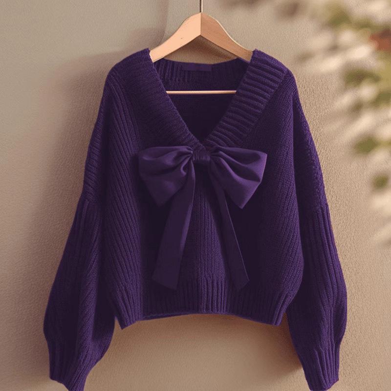 Women's Bowknot Knit Sweater - Versatile Autumn/Winter Fashion 2025, Japan-Korea Style