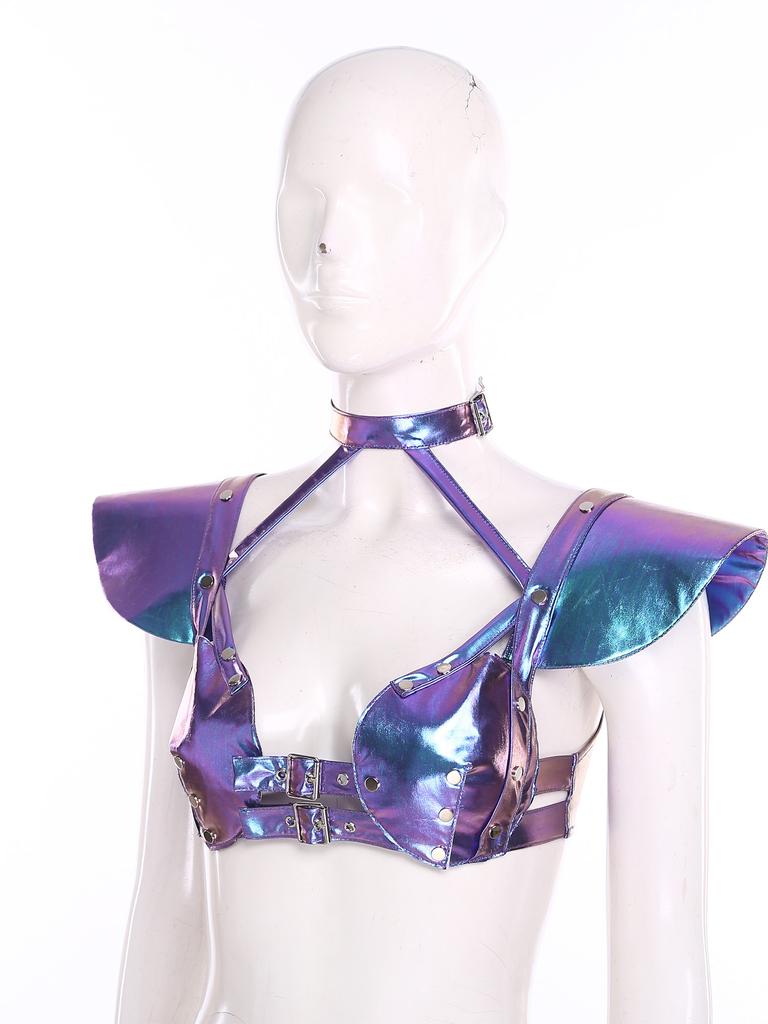 S-XXL Damen Glitzer Gothic Crop Top Neckholder Fledermausärmel Nietenbesatz Verstellbare Schnalle Korsett Bustier Schulterpanzer für Rave Club Party