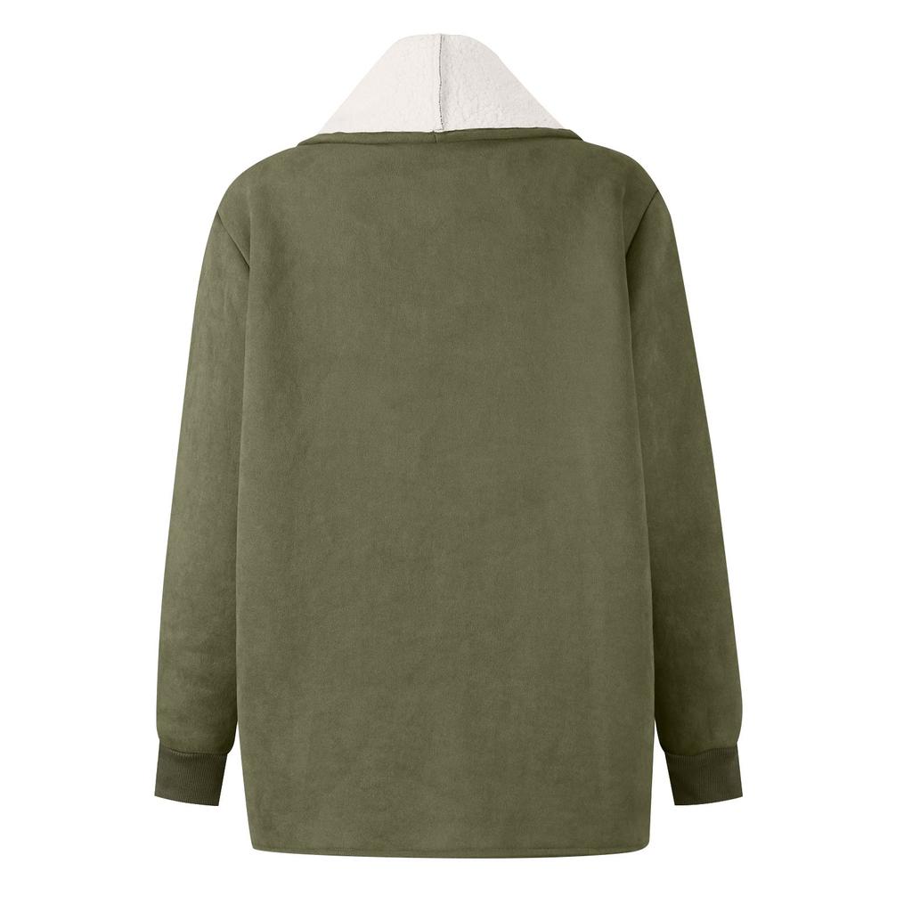 Dámská ležérní jednobarevná plyšová bunda s velkou klopou a kapsami