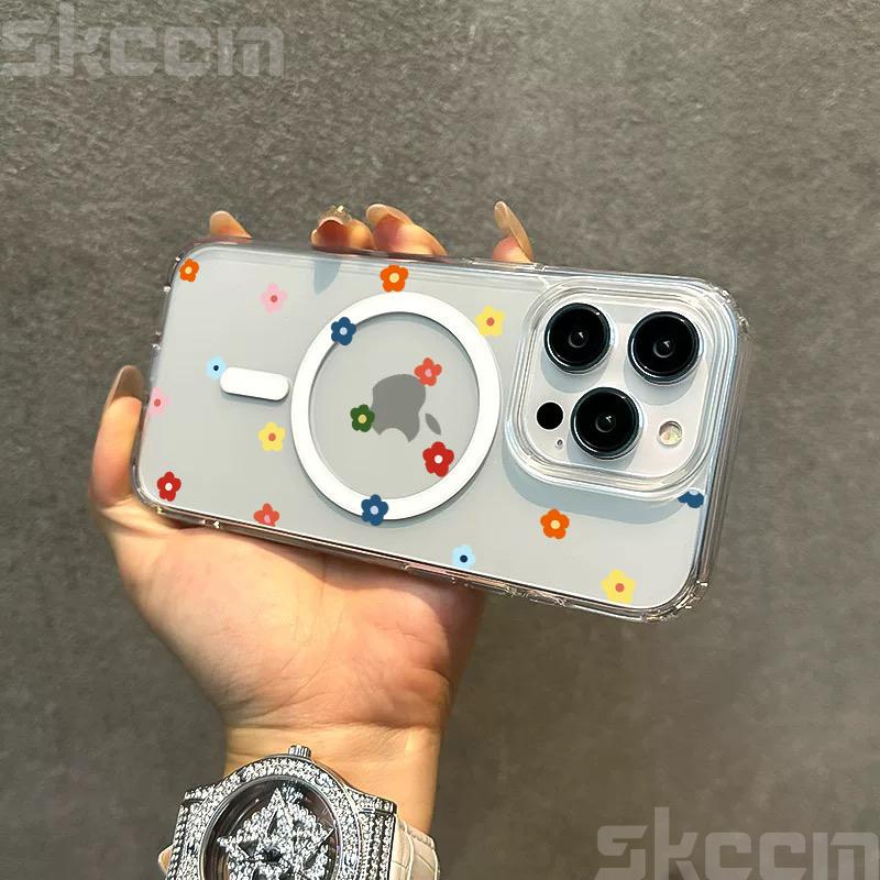 Small Flower Heart Graphic For Magsafe Wireless Charger Phone Case For iPhone 16 16E 15 14 13 12 11 Pro Max XS XR X Clear Cover