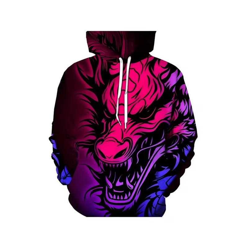 Cool Vintage Dragon Pattern Print Hoodie Men's Clothing Hip Hop Personality Streetwear Cow Stripe Funny Pullover Coat Novel