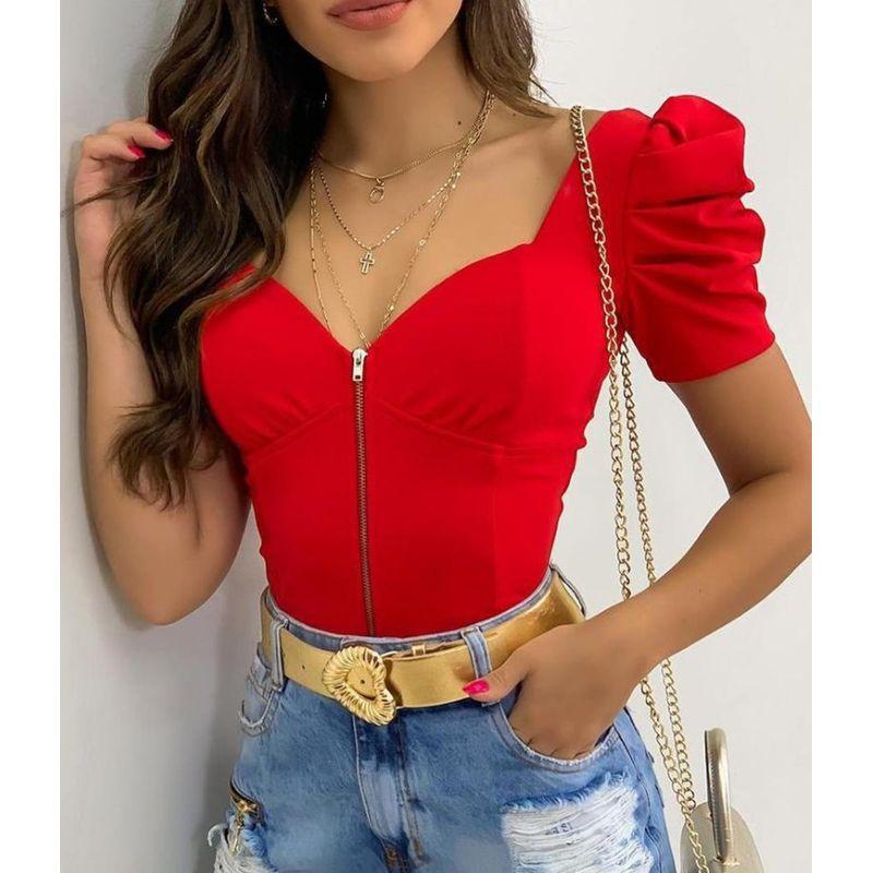

Women s Slim Top Women s White Zipper Puff Sleeve Top Red XL
