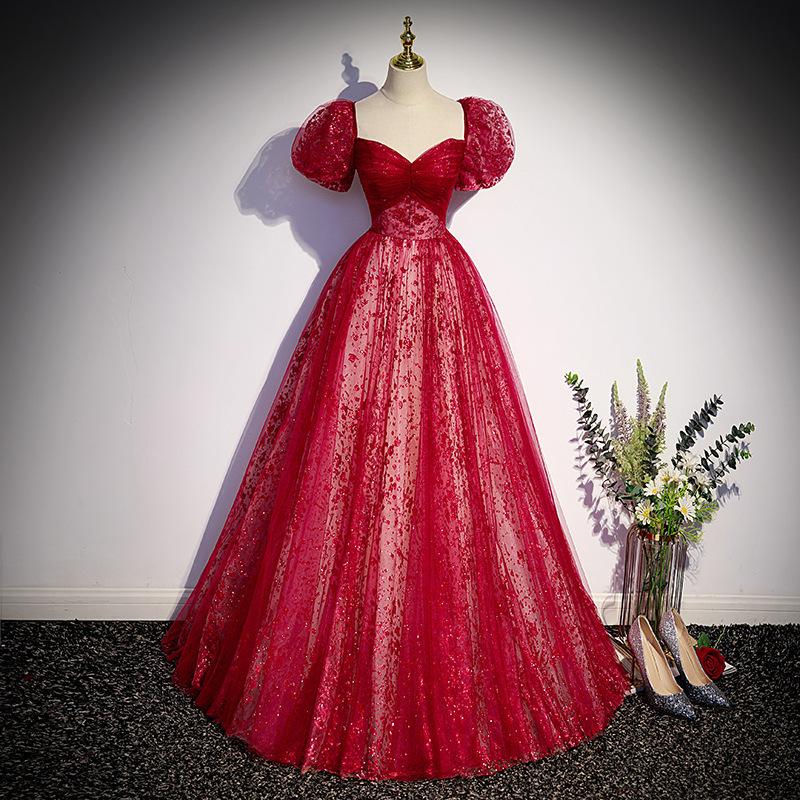 Burgundy toasting suit 1011 new fashionable foreign style long banquet temperament dignified high waist bubble sleeve evening dress