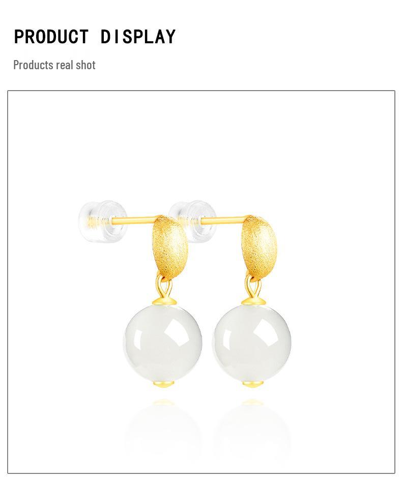 S925 Silver Hotan White Jade Round Bead Earrings for Women - Simple, Luxurious Design