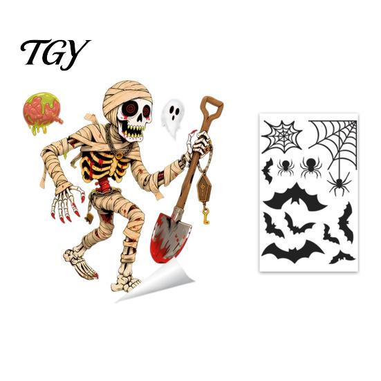 Spooky Party Glass Decor Halloween Window Clings, Pumpkins Skeletons Ghosts And Bats Print Decorative Clings Decals, Electrostatic PVC Static