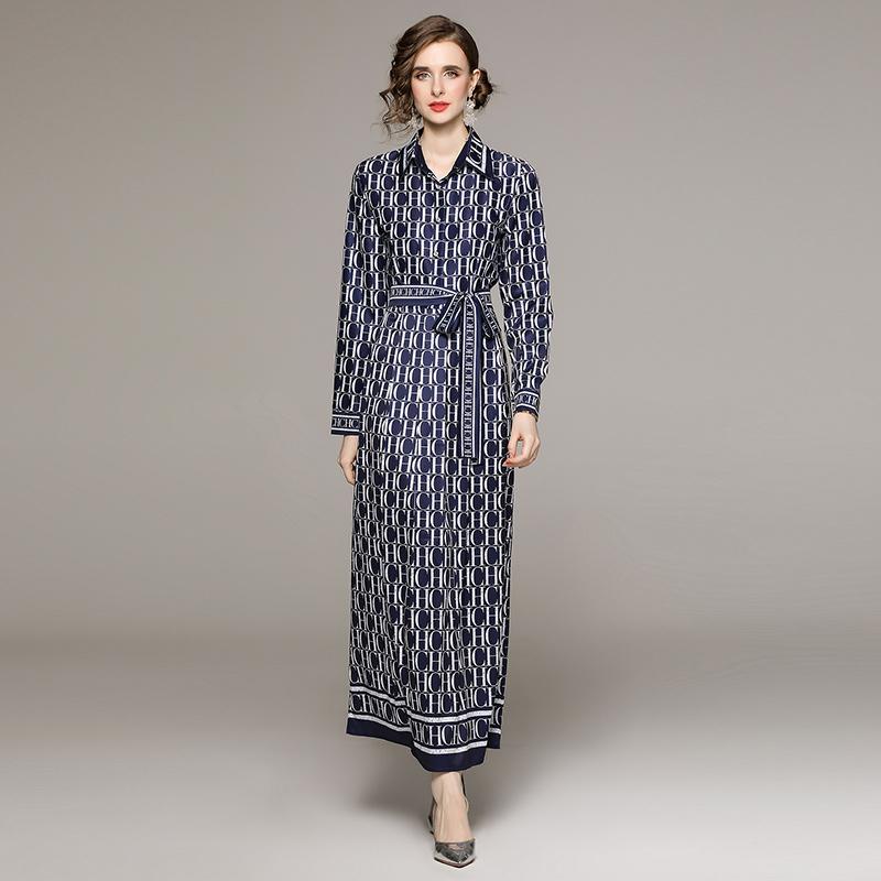 Jesienna moda marka projektant litery drukuj czerwona sukienka maxi w stylu vintage damska z długim rękawem skręcić w dół kołnierz pas zasznurować linię szata imprezowa