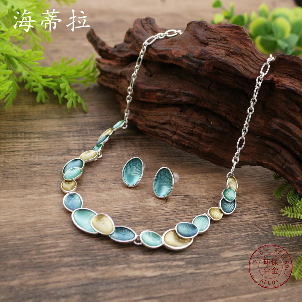 New Color Painting Oil Oval Petal Stud Earrings Necklace Set Women's Versatile Flower Stud Earrings Necklace Set