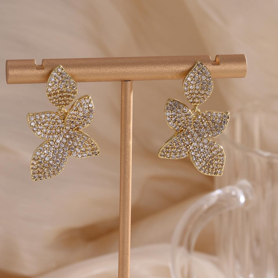 ZAKOL Brand New Micro Paved AAA Zirconia Big Leaf Flower Earrings for Women Luxury Elegant Wedding Zircon