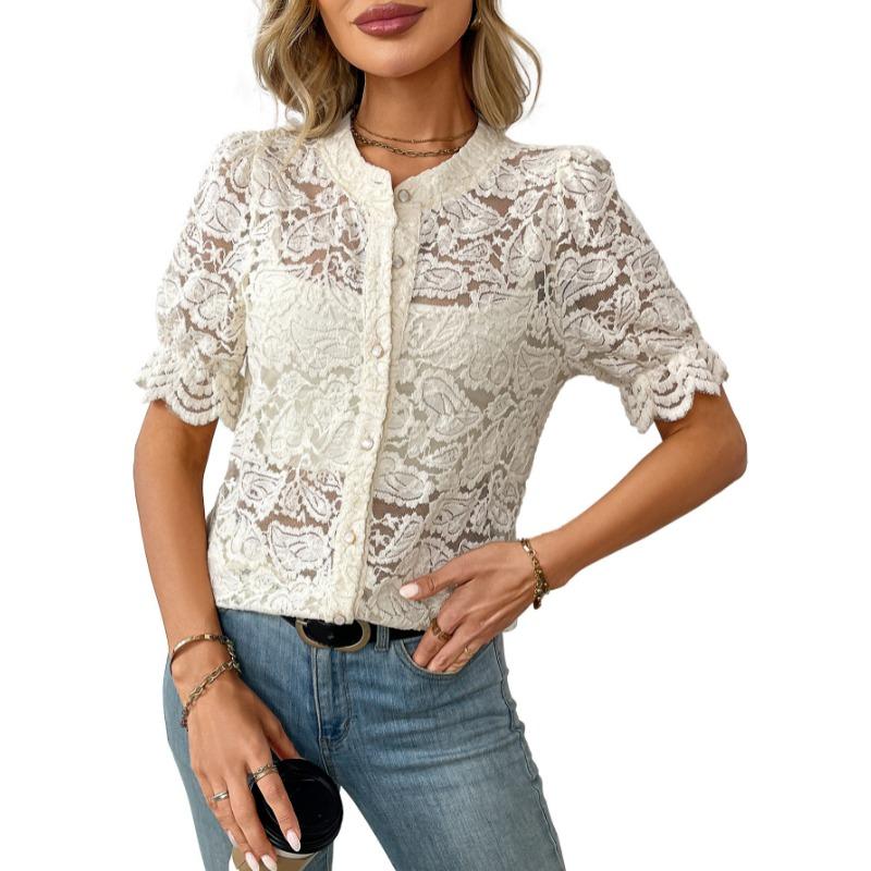 Fashion Lace Shirt Women Spring Summer Short Sleeve See Through Casual Blouse Ladies Button Sweet Tops O Neck Elegant Loose Casual Clothing