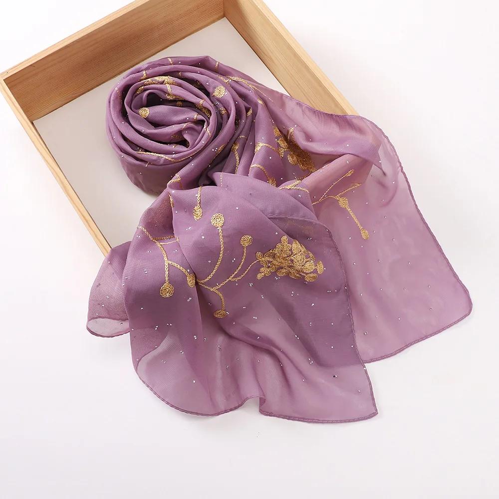 Embroidered Diamond Chiffon Scarf Hijabs For Woman Turban Shawls Scarves Head Scarf Headwraps For Women Turban Femme Bandana