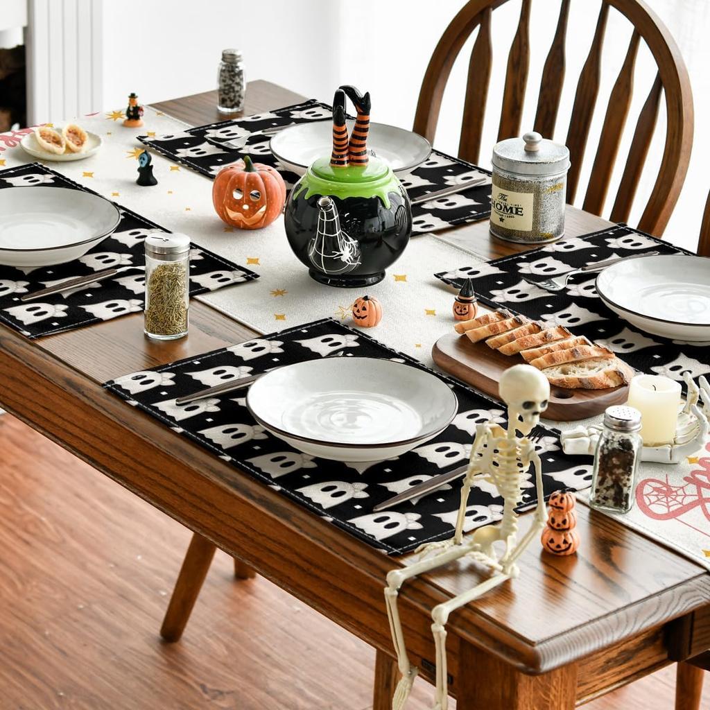 Black Stripes Ghost Boo Spooky Halloween Placemats Set of 4, 12x18 Inch Seasonal Vintage Table Mats for Party Kitchen Dining