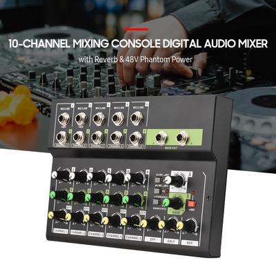10-Channel Mixing Console Digital Audio Mixer Stereo Mic/Line Mixer with Reverb & 48V Phantom Power